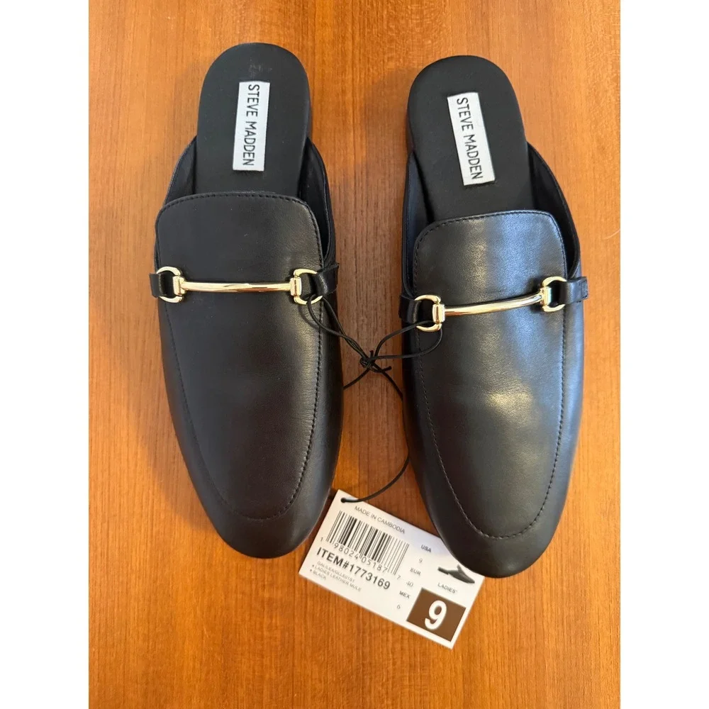 NWT Steve Madden Galiea Classic Black Leather Mule Business Loafer Flats Size 9 - Picture 1 of 9